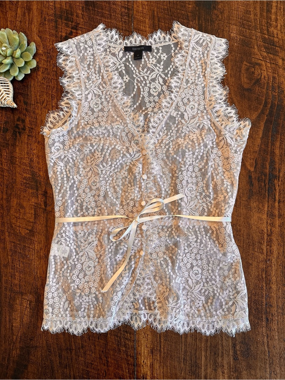 Express | Sheer Lace Button Front Sleeveless Blouse Tie Ribbon Waist, Size M